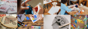 Collage of craft projects including knitting. crotchet, sketching and origami
